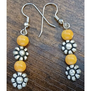 Handcrafted Silver Tone Orange Glass Beaded Dangle Earrings Fashion Jewelry